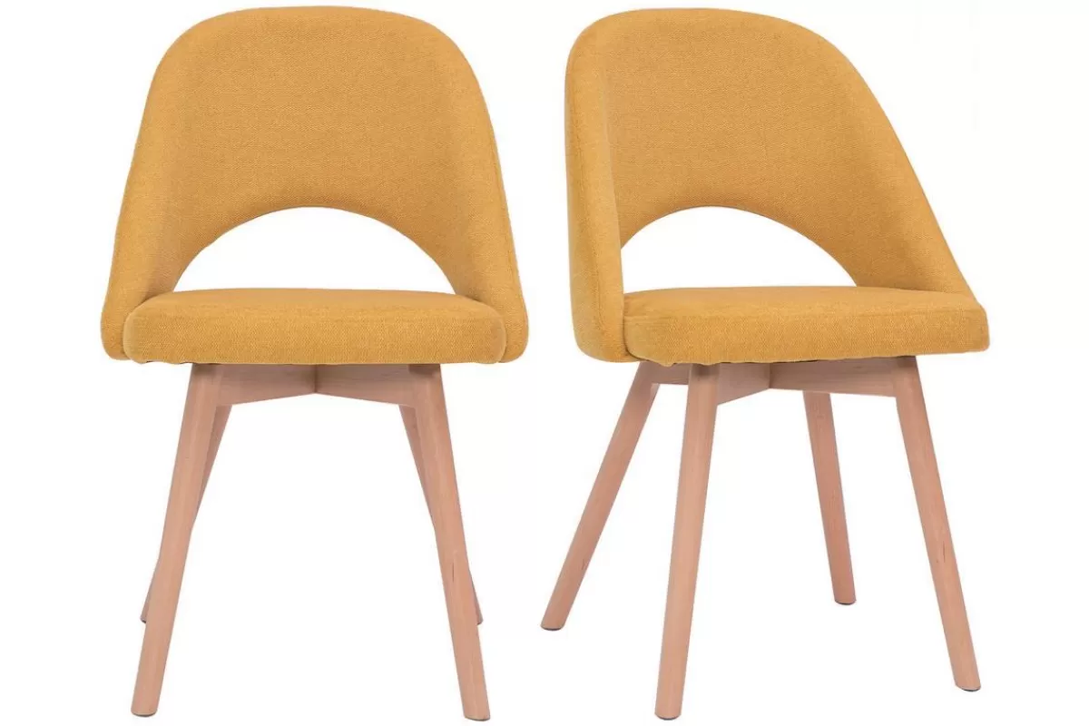 Miliboo Sillas Modernas-Set de 2 sillas nórdicas de tela efecto aterciopelado texturizado amarillo mostaza con patas de haya maciza COSETTE