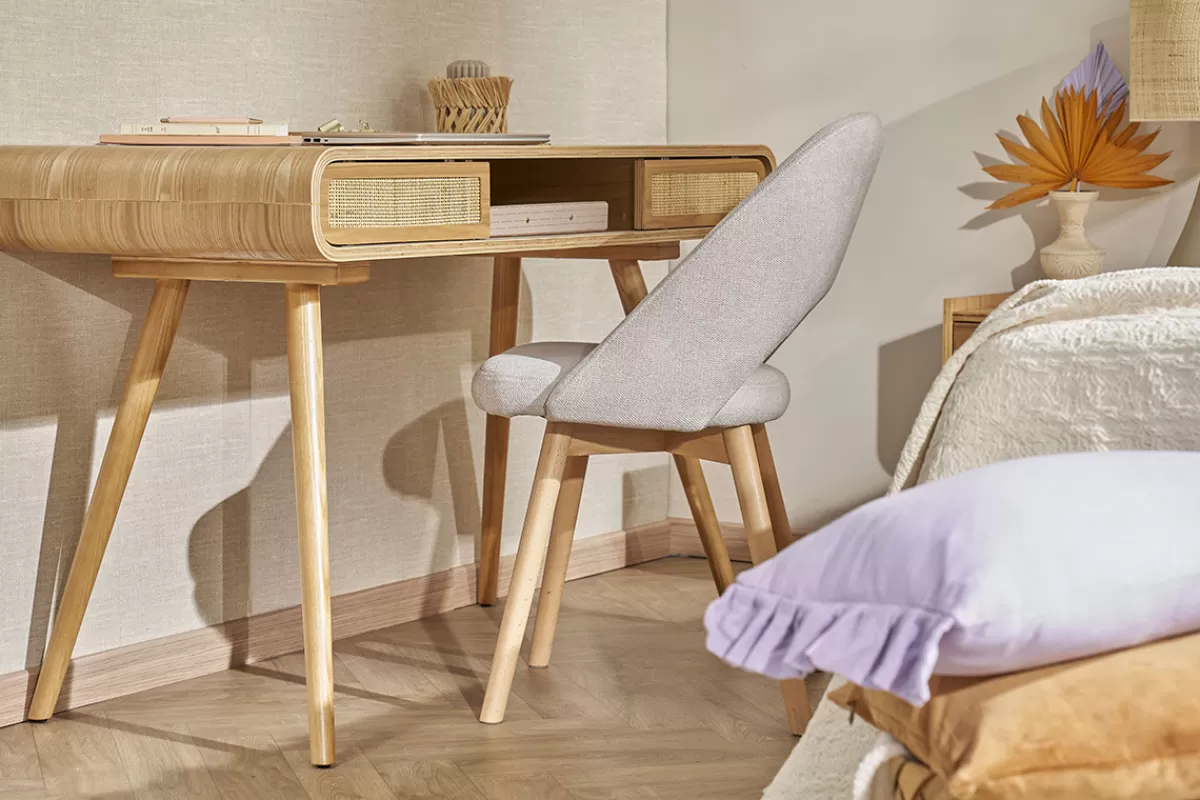 Miliboo Sillas Modernas-Set de 2 sillas nórdicas de tela efecto aterciopelado texturizado beige con patas de haya maciza COSETTE