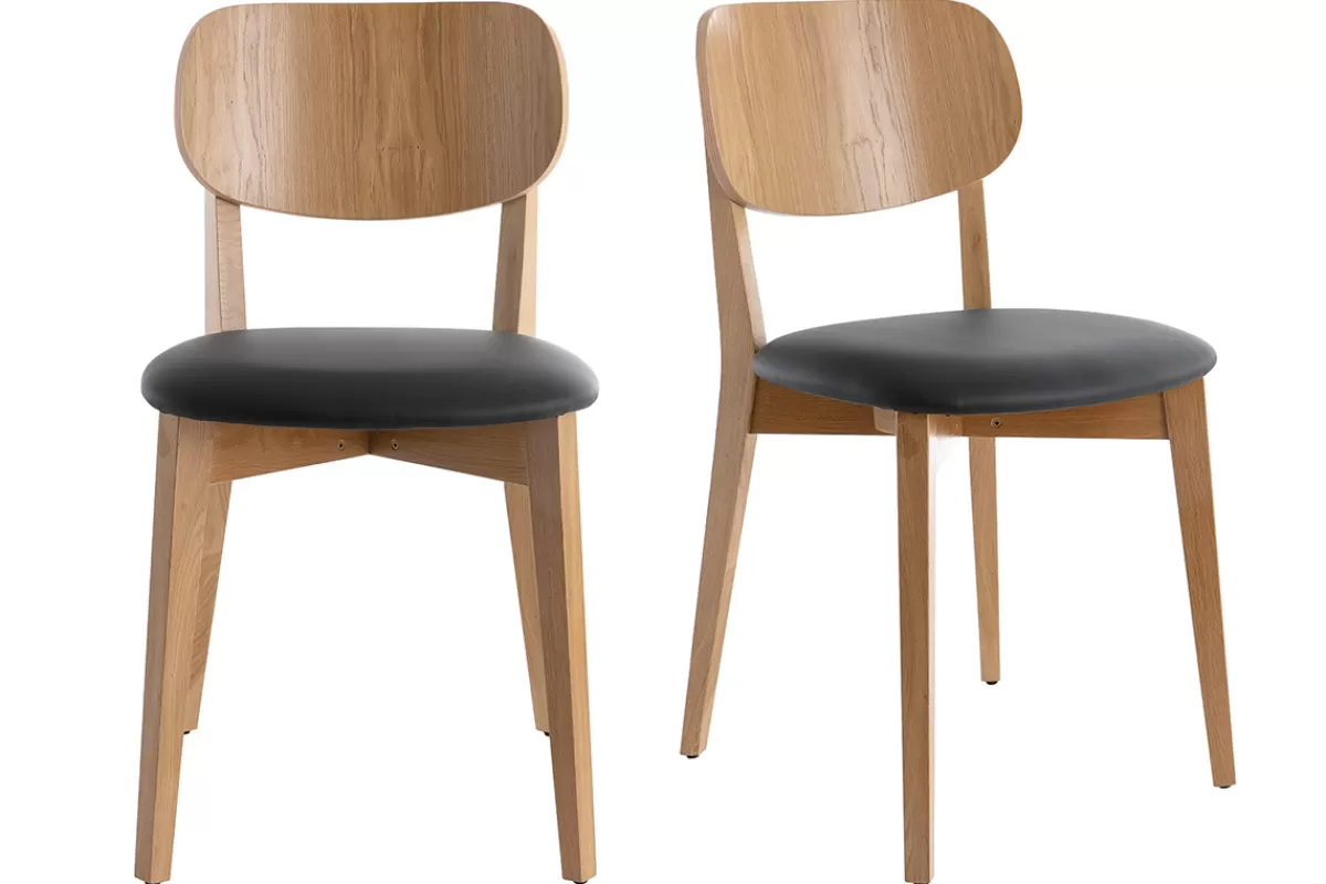 Miliboo Sillas Modernas | Sillas De Madera-Set de 2 sillas vintage de roble con asiento negro LUCIA