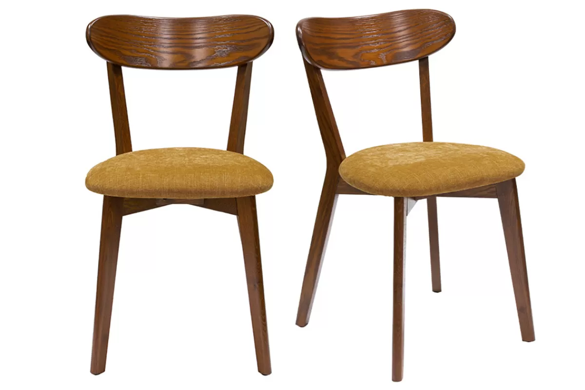 Miliboo Sillas Modernas | Sillas De Madera-Set de 2 sillas vintage de roble oscuro y tejido efecto aterciopelado amarillo mostaza DOVE