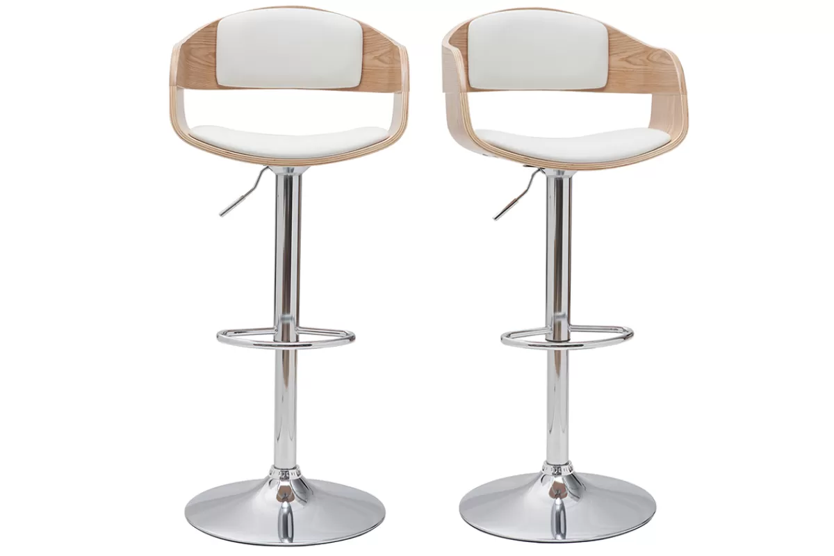 Miliboo Taburetes De Bar-Set de 2 taburetes de cocina ajustables de poliuretano blanco y madera clara EUSTACHE