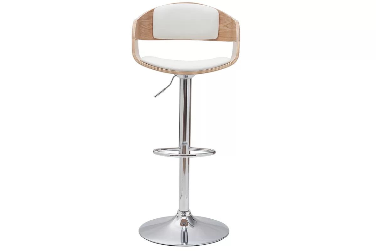 Miliboo Taburetes De Bar-Set de 2 taburetes de cocina ajustables de poliuretano blanco y madera clara EUSTACHE