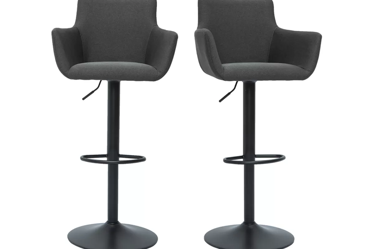 Miliboo Taburetes De Bar-Set de 2 taburetes de cocina ajustables de tela gris antracita y metal negro CARLIE