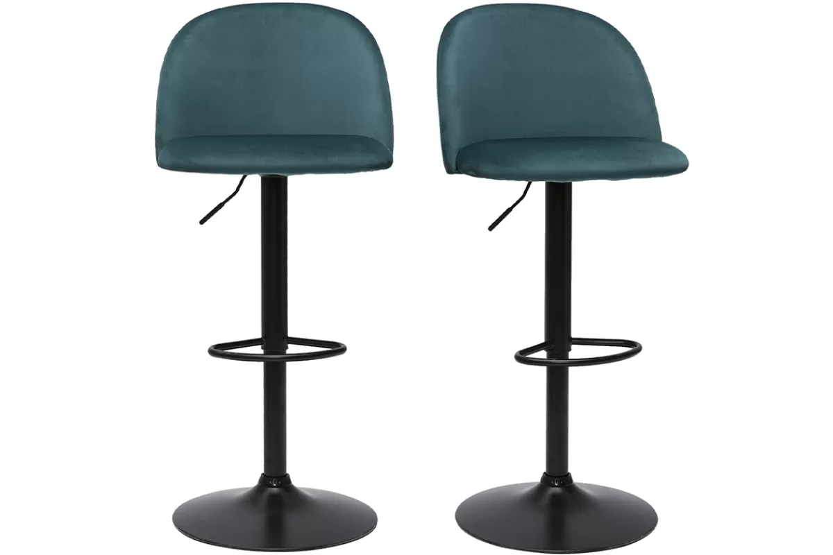 Miliboo Taburetes De Bar-Set de 2 taburetes de cocina ajustables de terciopelo azul petróleo y metal negro CELESTE
