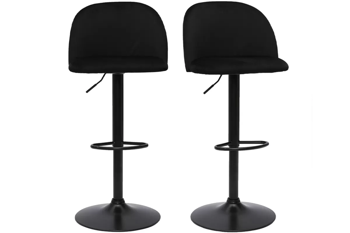 Miliboo Taburetes De Bar-Set de 2 taburetes de cocina ajustables de terciopelo negro y metal negro CELESTE