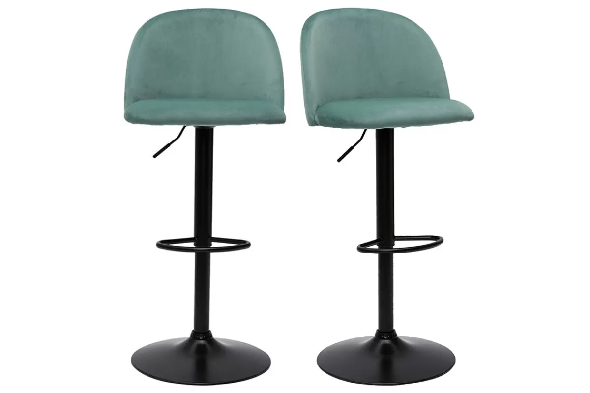 Miliboo Taburetes De Bar-Set de 2 taburetes de cocina ajustables de terciopelo verde celadón y metal negro CELESTE