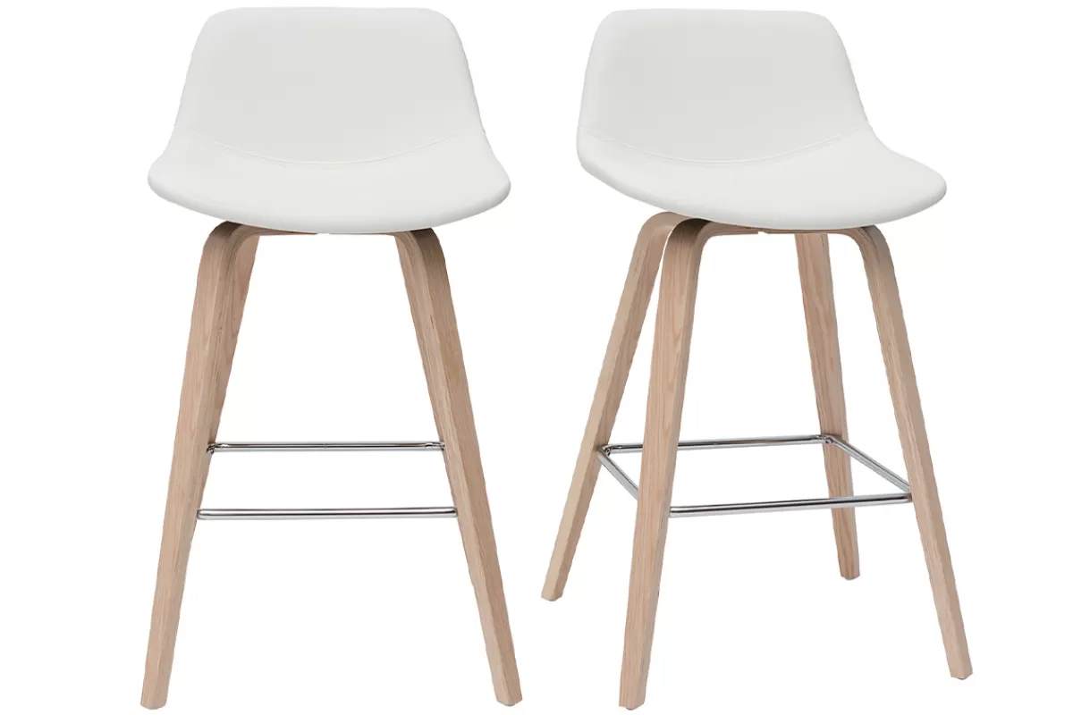 Miliboo Taburetes De Bar-Set de 2 taburetes de cocina de diseño blanco con madera clara 65 cm NONIE