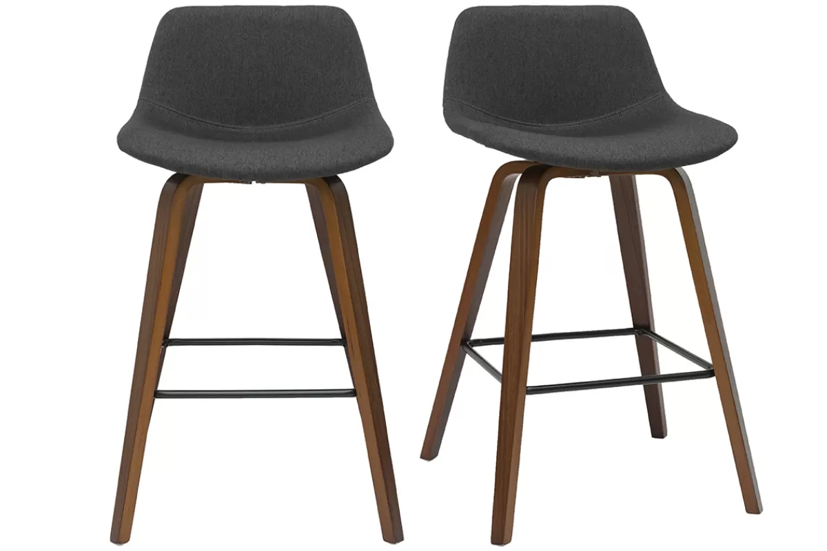 Miliboo Taburetes De Bar-Set de 2 taburetes de cocina de diseño gris oscuro y nogal 65 cm NONIE