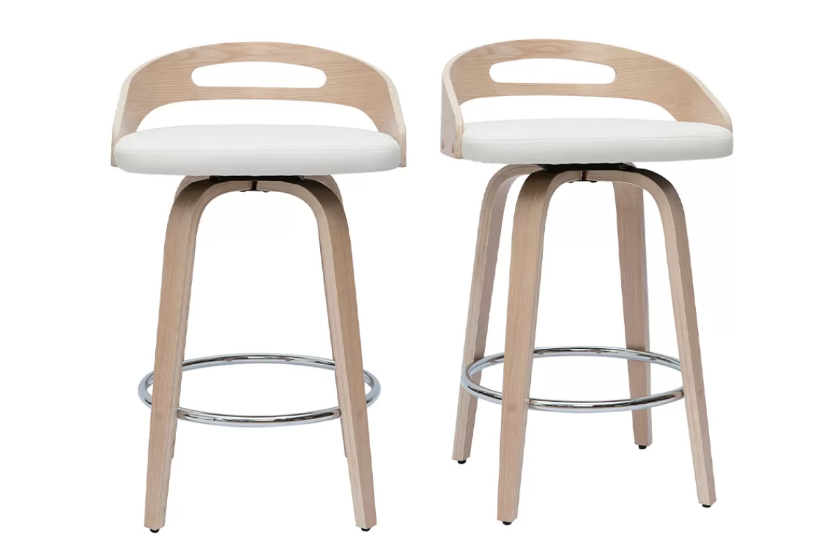 Miliboo Taburetes De Bar-Set de 2 taburetes de cocina de diseño madera clara y poliuretano blanco 65 cm MANO