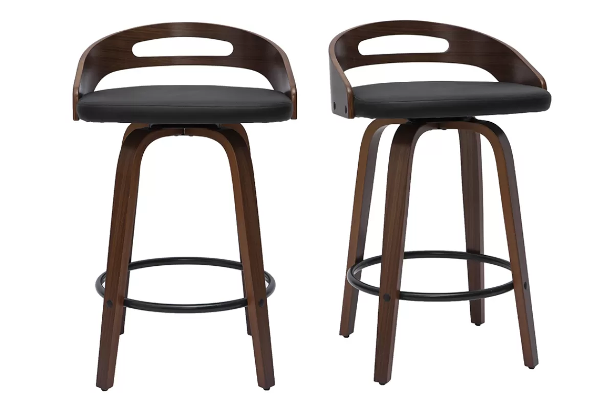 Miliboo Taburetes De Bar-Set de 2 taburetes de cocina de diseño madera oscura y poliuretano negro 65 cm MANO