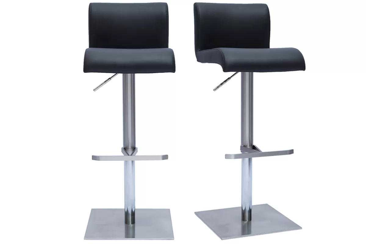Miliboo Taburetes De Bar-Set de 2 taburetes de cocina de diseño regulable negro y acero inoxidable cepillado SHEINA
