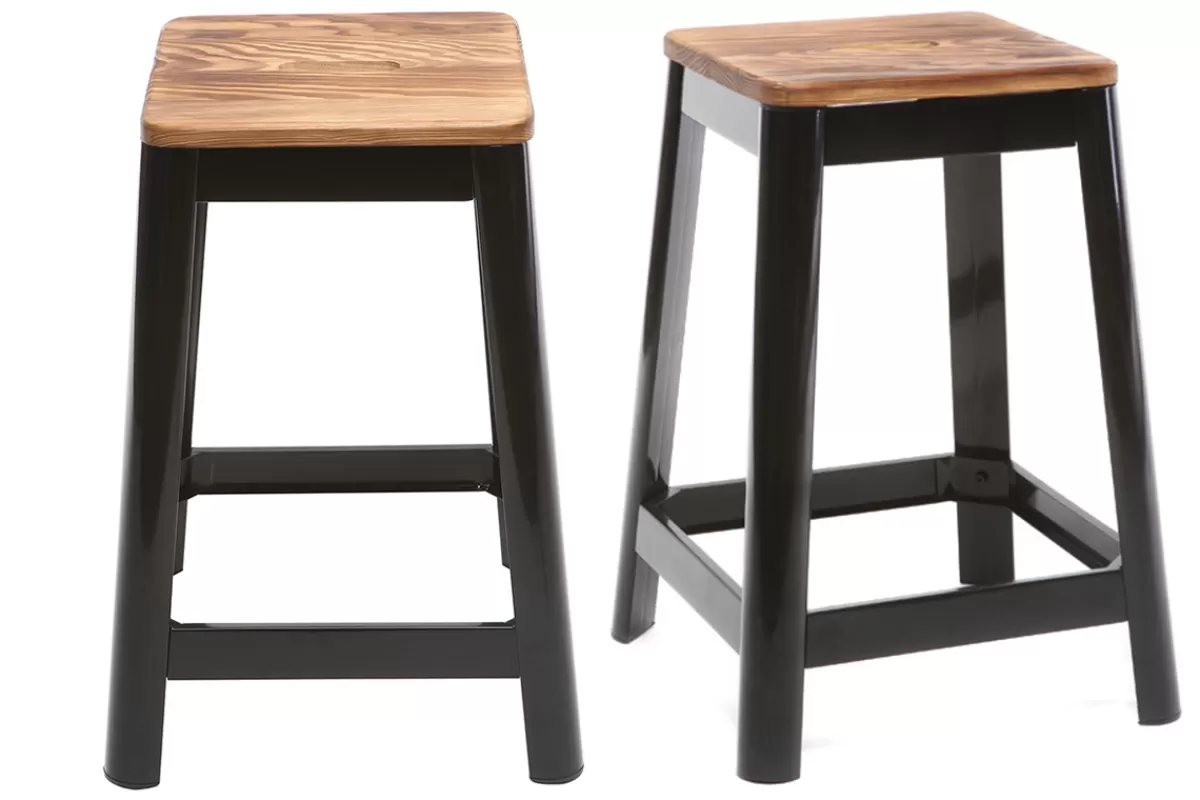 Miliboo Taburetes De Bar-Set de 2 taburetes de cocina industriales de metal negro y madera 65 cm NICK