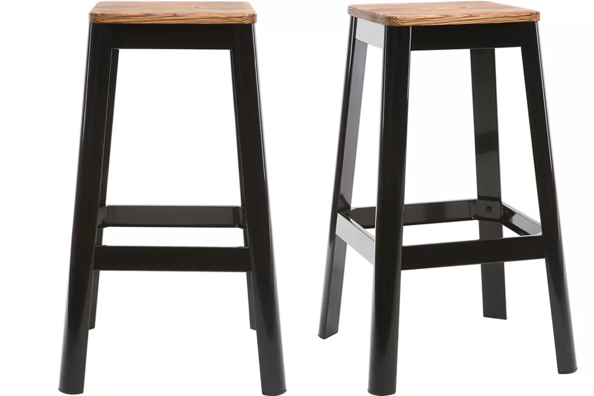 Miliboo Taburetes De Bar-Set de 2 taburetes de cocina industriales de metal negro y madera 75 cm NICK