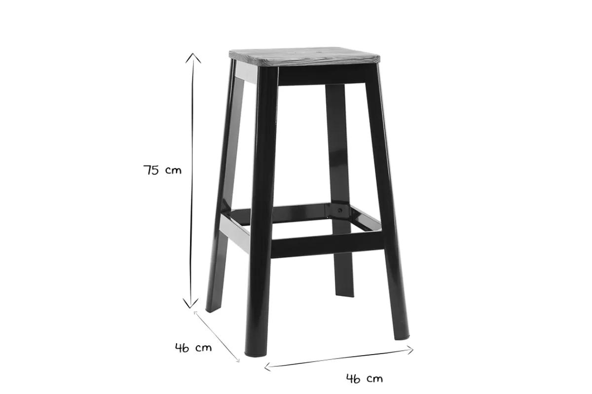 Miliboo Taburetes De Bar-Set de 2 taburetes de cocina industriales de metal negro y madera 75 cm NICK