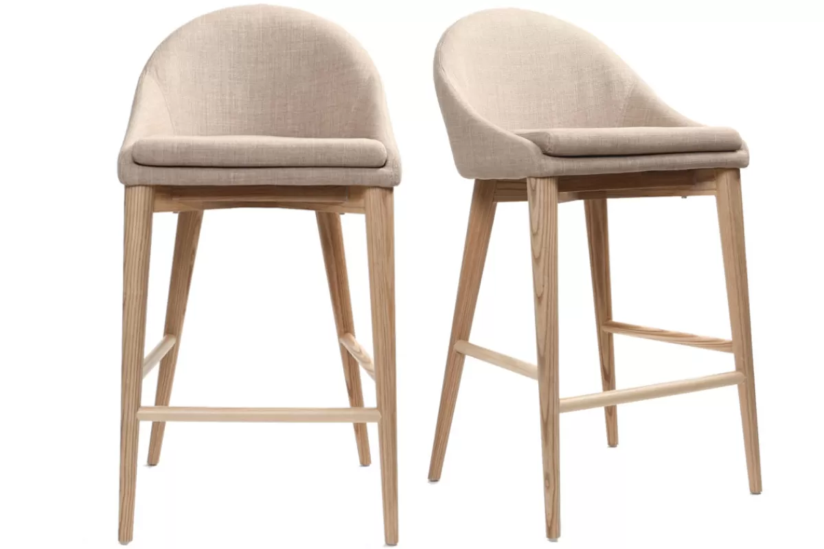 Miliboo Taburetes De Bar-Set de 2 taburetes de cocina nórdicos de tela beige y fresno macizo 66 cm DALIA