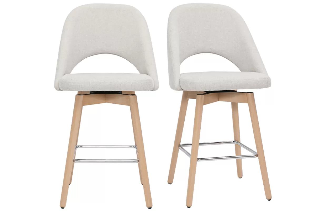 Miliboo Taburetes De Bar-Set de 2 taburetes de cocina nórdicos de tela efecto aterciopelado texturizado beige y madera de caucho maciza 65 cm COSETTE
