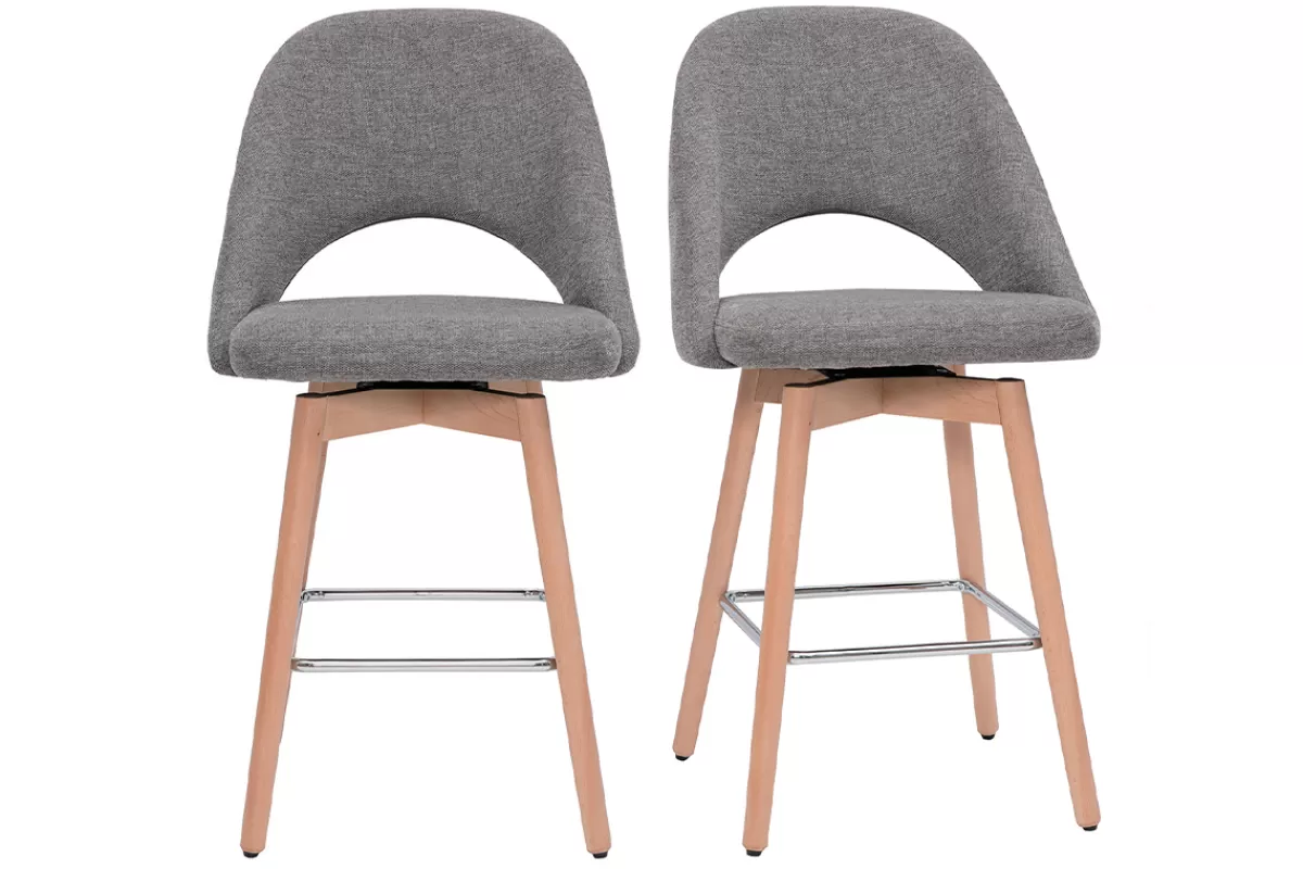 Miliboo Taburetes De Bar-Set de 2 taburetes de cocina nórdicos de tela efecto aterciopelado texturizado gris y madera de caucho maciza 65 cm COSETTE