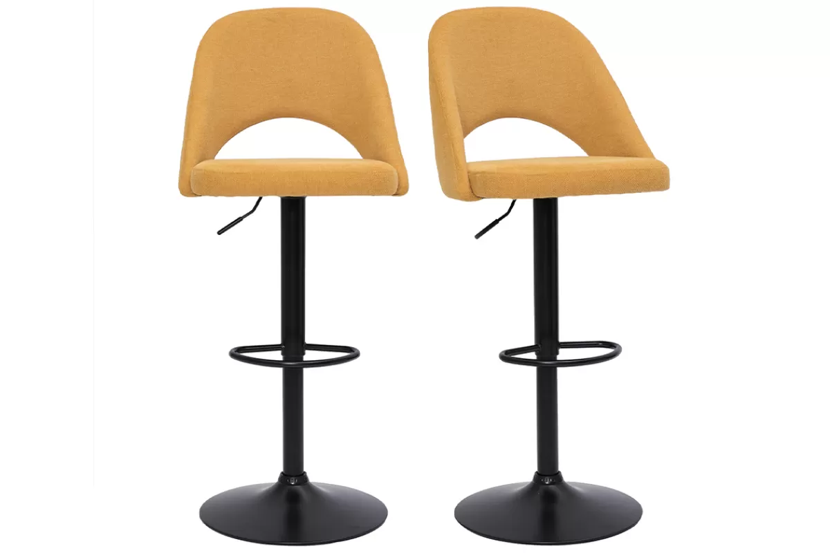 Miliboo Taburetes De Bar-Set de 2 taburetes de cocina regulables de tejido efecto aterciopelado texturizado amarillo y metal negro COSETTE
