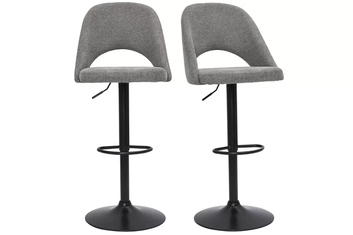 Miliboo Taburetes De Bar-Set de 2 taburetes de cocina regulables de tejido efecto aterciopelado texturizado gris y metal negro COSETTE