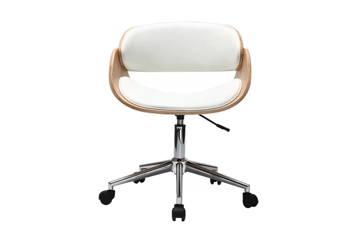 Miliboo Silla De Oficina | Sillón De Oficina A Precios Bajos-Silla de escritorio blanco y madera clara con ruedas BENT