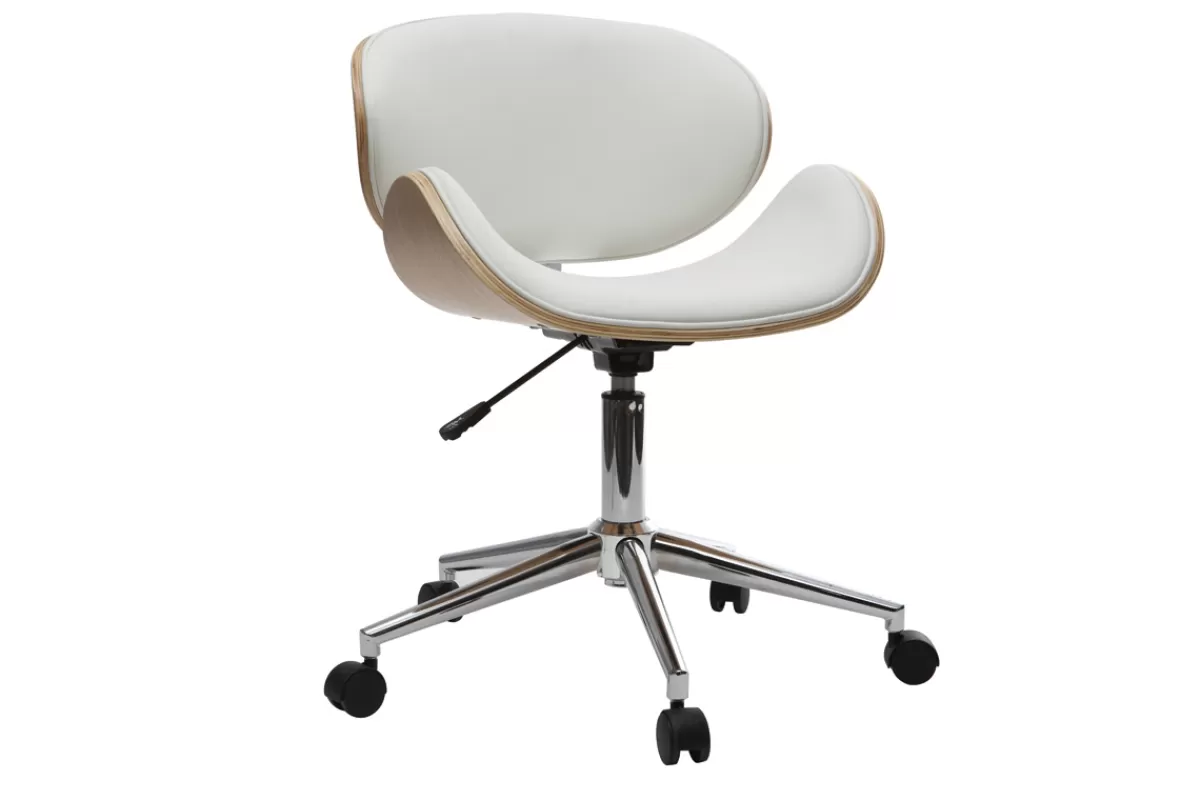 Miliboo Silla De Oficina | Sillón De Oficina A Precios Bajos-Silla de escritorio diseño PU blanco y madera clara WALNUT