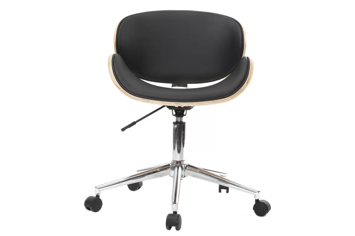 Miliboo Silla De Oficina | Sillón De Oficina A Precios Bajos-Silla de escritorio diseño PU negro y madera clara WALNUT