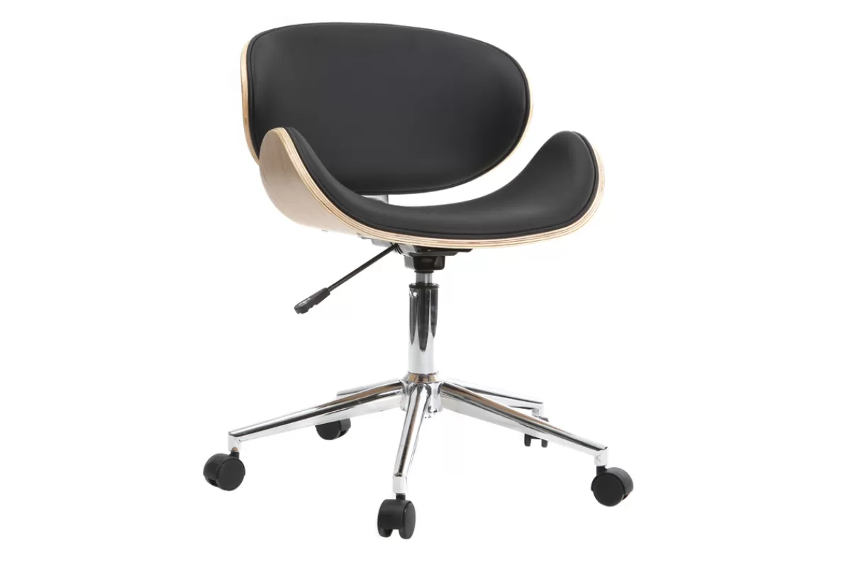 Miliboo Silla De Oficina | Sillón De Oficina A Precios Bajos-Silla de escritorio diseño PU negro y madera clara WALNUT