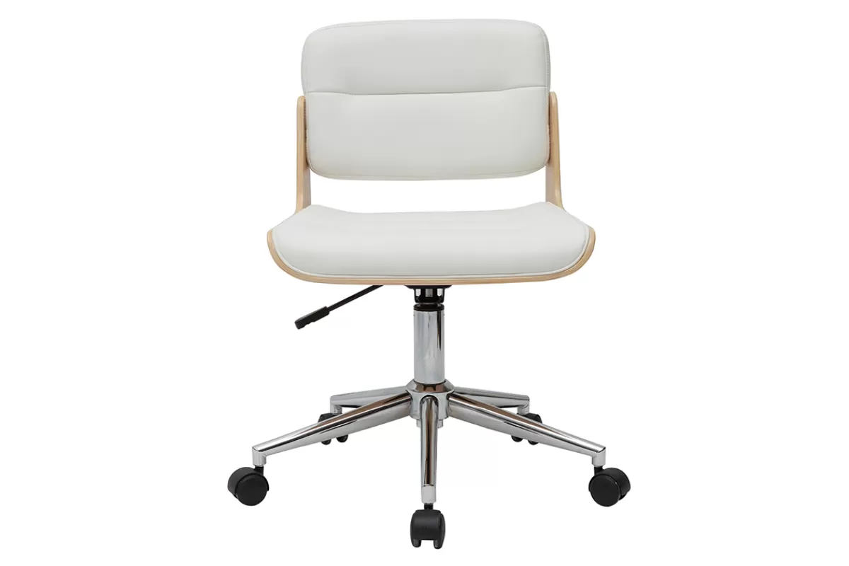 Miliboo Silla De Oficina | Sillón De Oficina A Precios Bajos-Silla de escritorio giratoria blanca con madera clara ARAMON