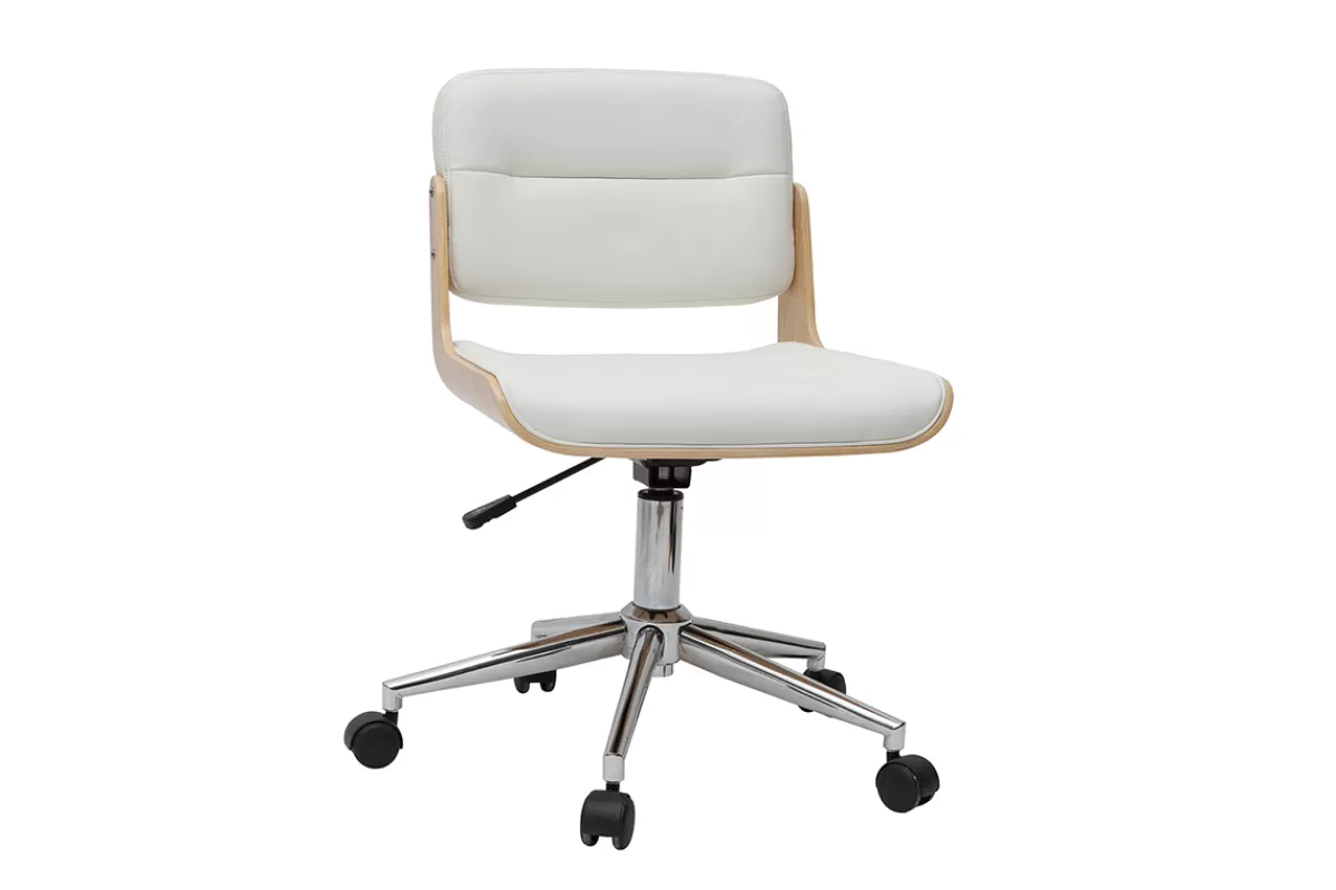 Miliboo Silla De Oficina | Sillón De Oficina A Precios Bajos-Silla de escritorio giratoria blanca con madera clara ARAMON