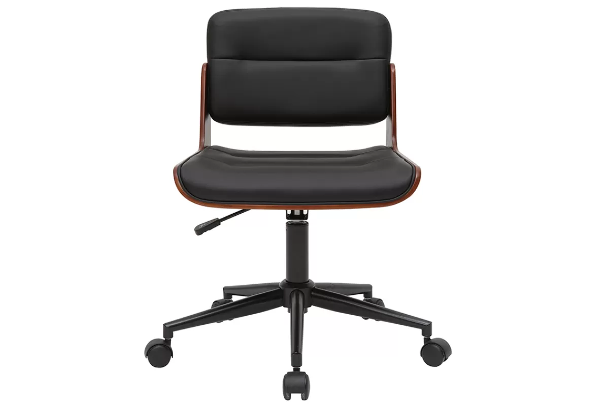 Miliboo Silla De Oficina | Sillón De Oficina A Precios Bajos-Silla de escritorio giratoria negra con madera oscura ARAMON