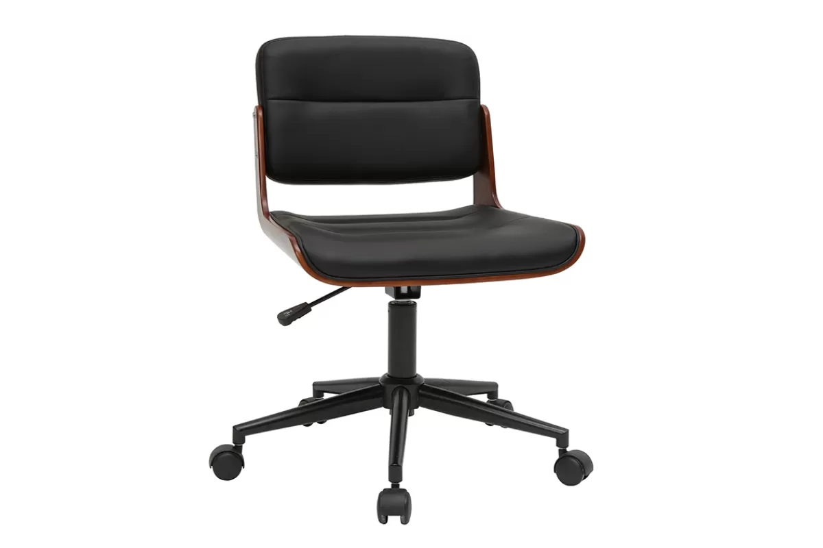 Miliboo Silla De Oficina | Sillón De Oficina A Precios Bajos-Silla de escritorio giratoria negra con madera oscura ARAMON