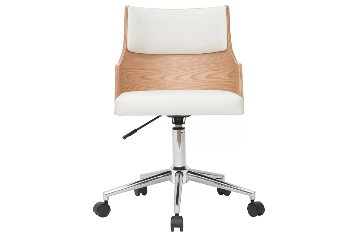 Miliboo Silla De Oficina | Sillón De Oficina A Precios Bajos-Silla de escritorio moderna blanca y madera clara con cojín integrado MAYOL