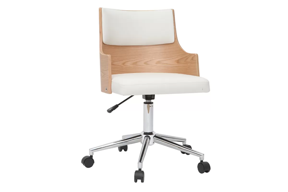 Miliboo Silla De Oficina | Sillón De Oficina A Precios Bajos-Silla de escritorio moderna blanca y madera clara con cojín integrado MAYOL