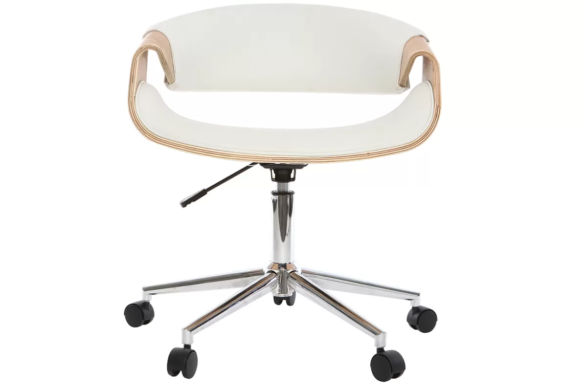 Miliboo Silla De Oficina-Silla de escritorio moderna polipiel blanca/madera clara ARAMIS