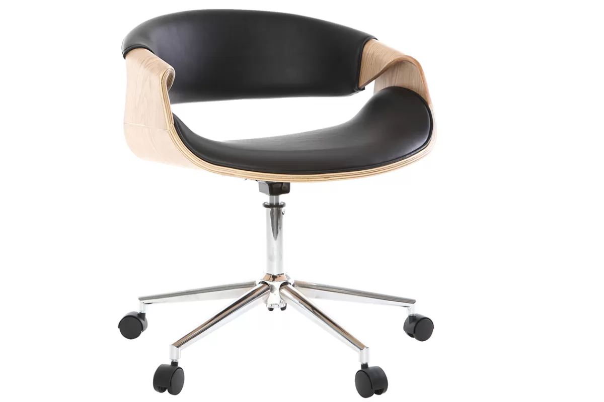 Miliboo Silla De Oficina | Sillón De Oficina A Precios Bajos-Silla de escritorio moderna polipiel negro/madera clara ARAMIS