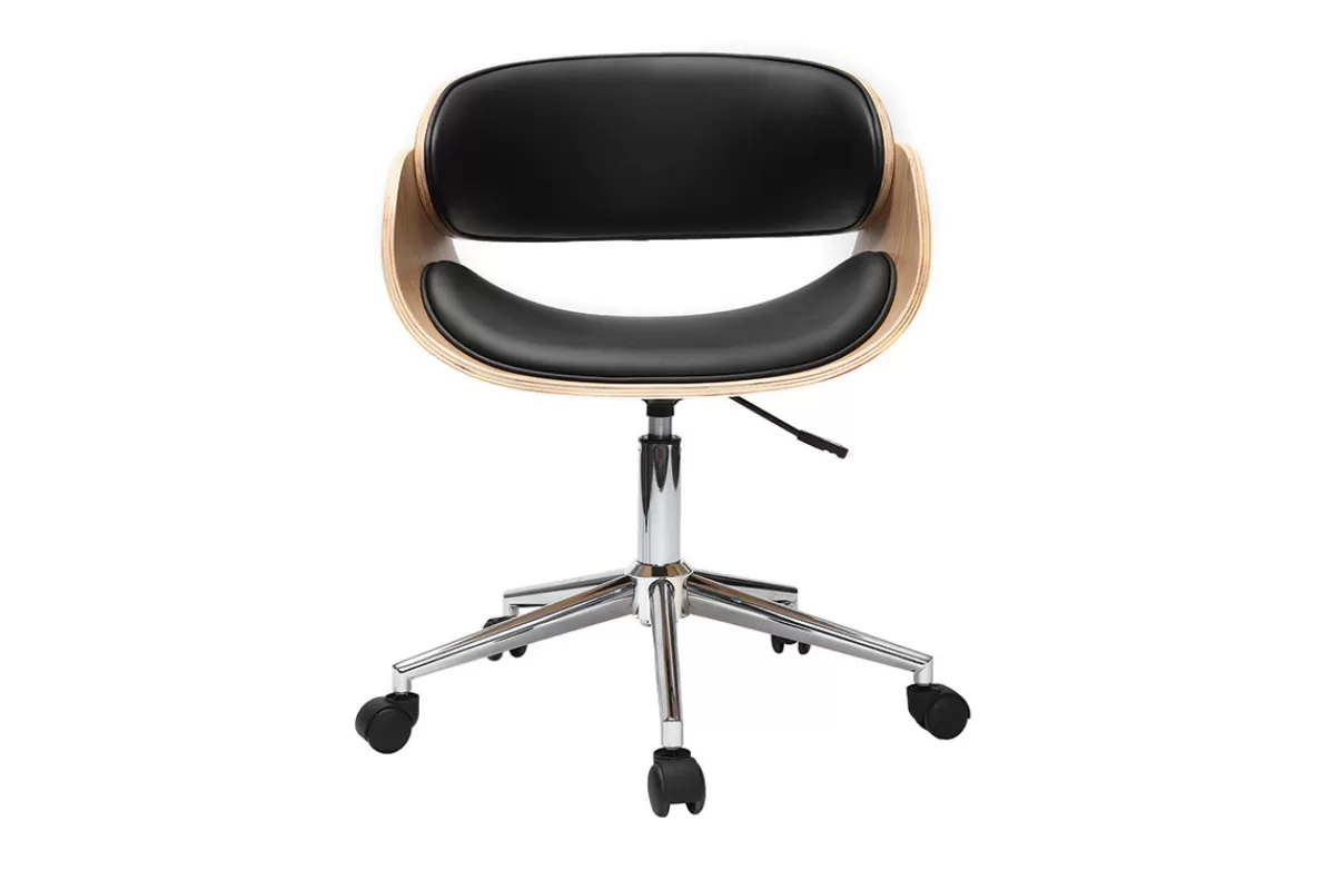 Miliboo Silla De Oficina | Sillón De Oficina A Precios Bajos-Silla de escritorio negro y madera clara con ruedas BENT