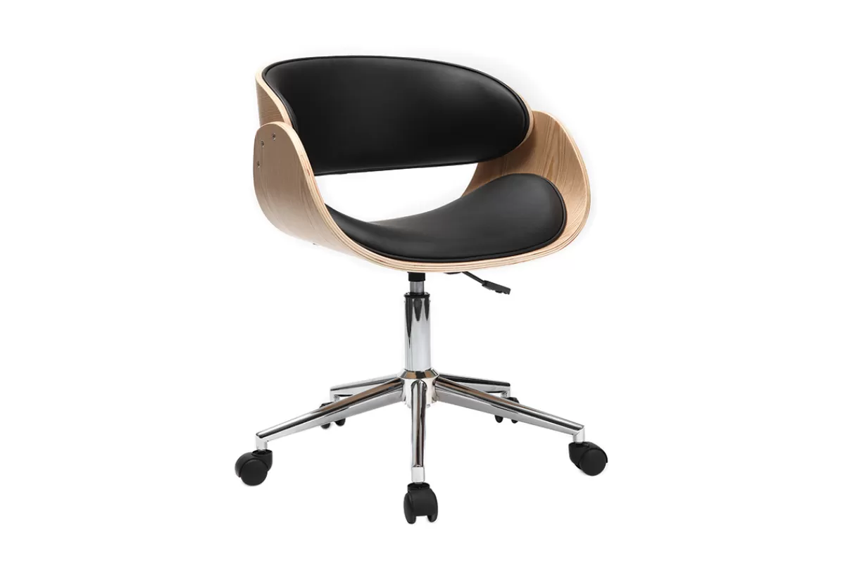 Miliboo Silla De Oficina | Sillón De Oficina A Precios Bajos-Silla de escritorio negro y madera clara con ruedas BENT