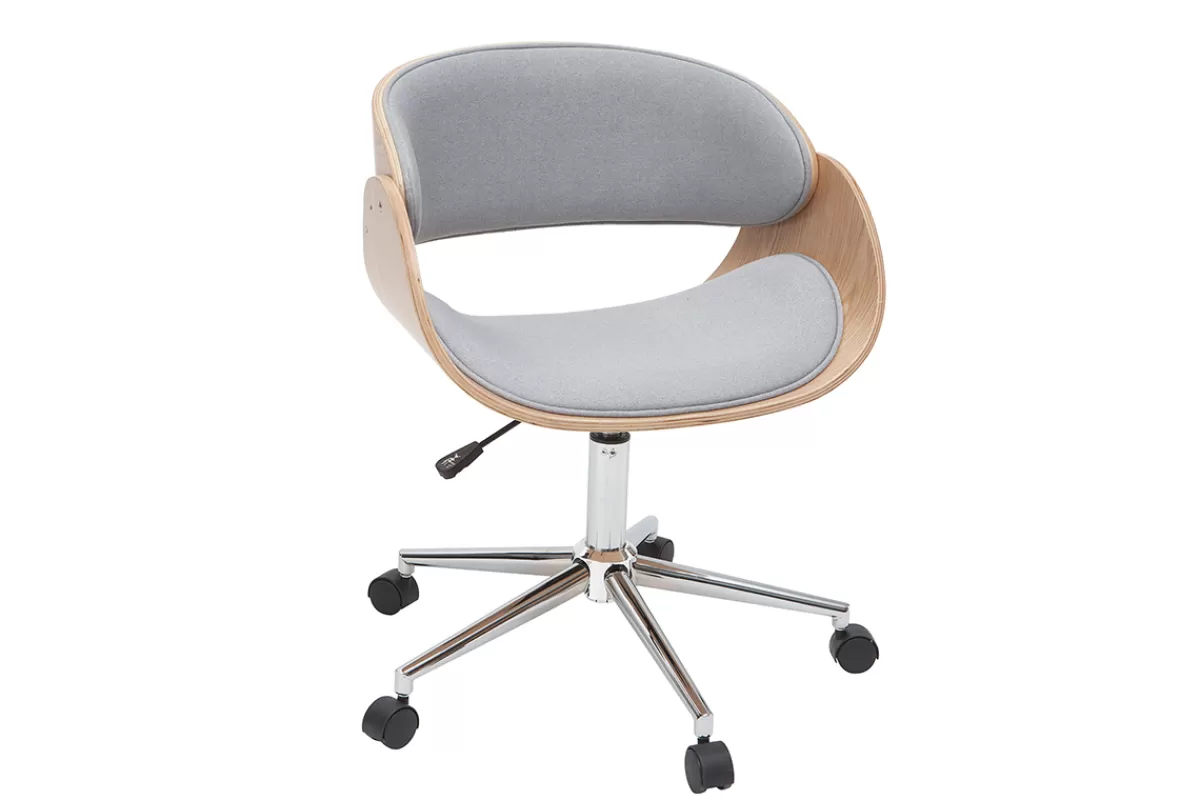 Miliboo Silla De Oficina | Sillón De Oficina A Precios Bajos-Silla de escritorio tejido gris claro y madera clara con ruedas BENT