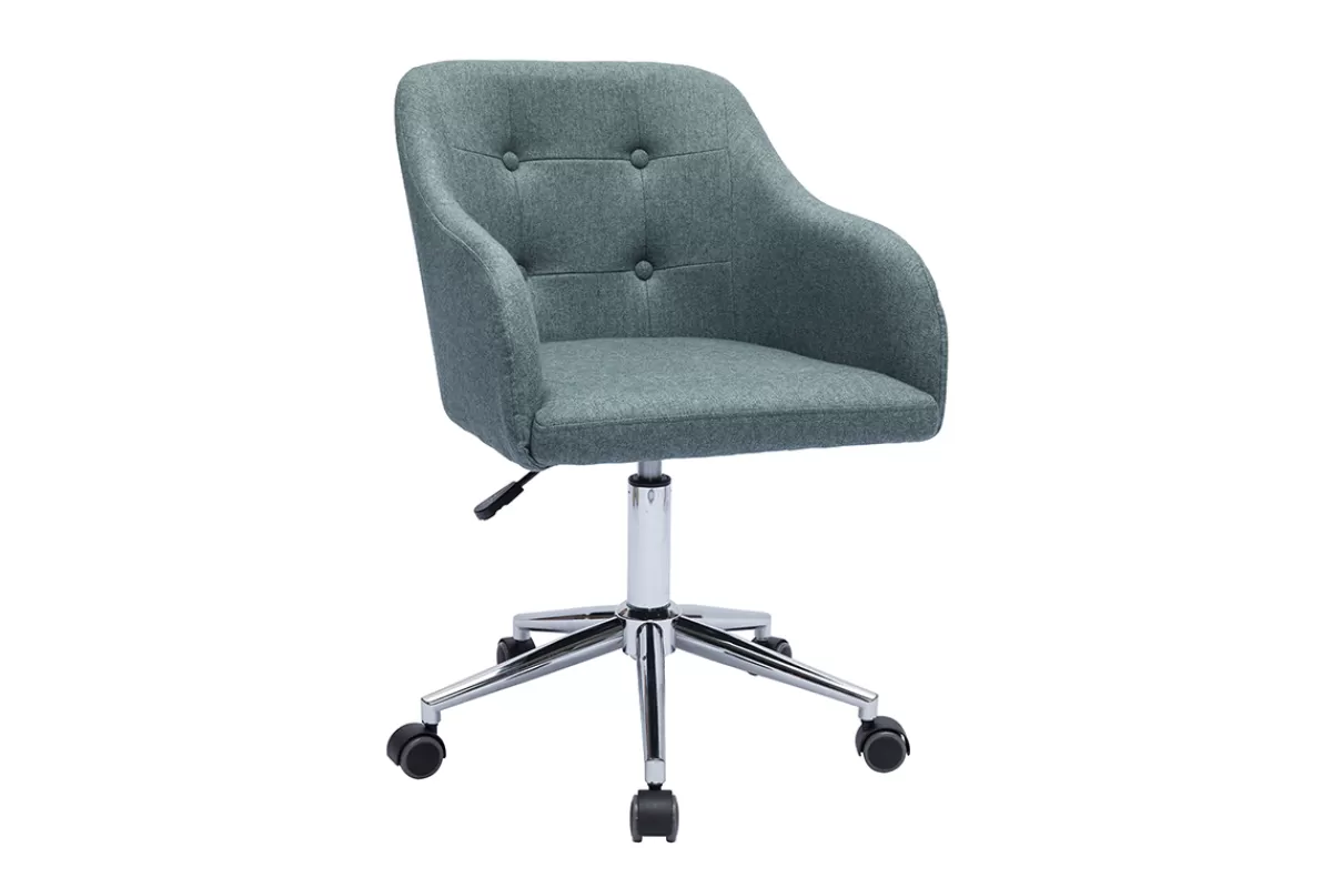 Miliboo Silla De Oficina | Sillón De Oficina A Precios Bajos-Silla de oficina capitoné con ruedas de tela efecto terciopelo texturizado verde gris y metal cromado BALTIK