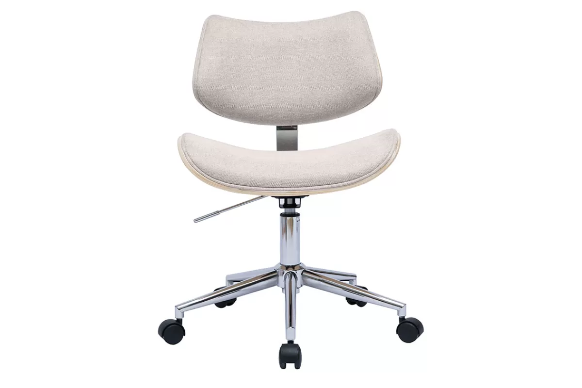 Miliboo Silla De Oficina | Sillón De Oficina A Precios Bajos-Silla de oficina con ruedas de diseño en tela de terciopelo beige, madera de roble claro y metal MALMO