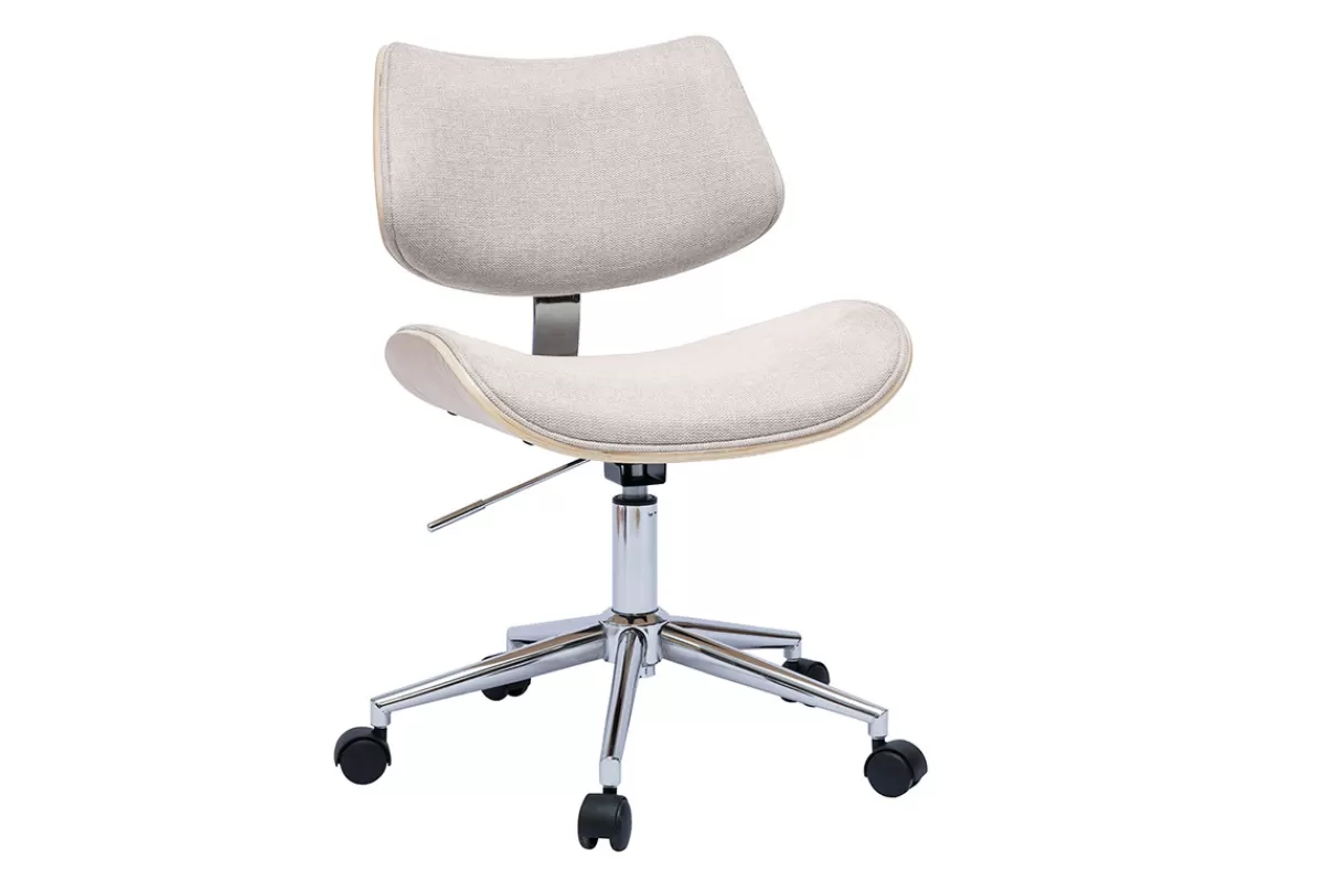 Miliboo Silla De Oficina | Sillón De Oficina A Precios Bajos-Silla de oficina con ruedas de diseño en tela de terciopelo beige, madera de roble claro y metal MALMO