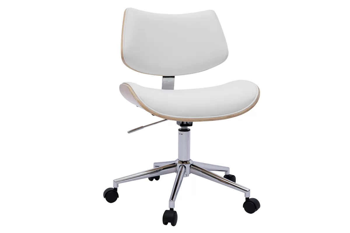 Miliboo Silla De Oficina | Sillón De Oficina A Precios Bajos-Silla de oficina de diseño con ruedas de color blanco, roble claro y metal MALMO