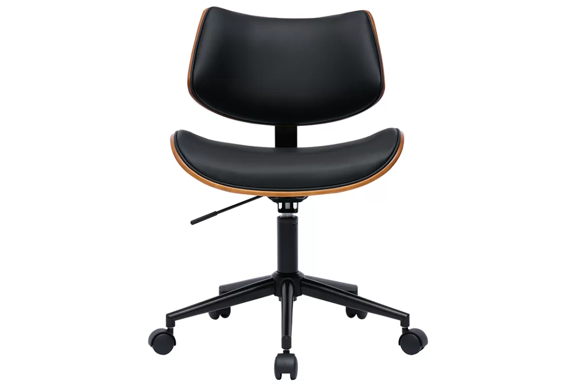 Miliboo Silla De Oficina | Sillón De Oficina A Precios Bajos-Silla de oficina de diseño negra con ruedas, madera de nogal oscuro y metal negro MALMO