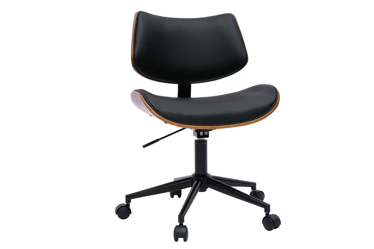 Miliboo Silla De Oficina | Sillón De Oficina A Precios Bajos-Silla de oficina de diseño negra con ruedas, madera de nogal oscuro y metal negro MALMO