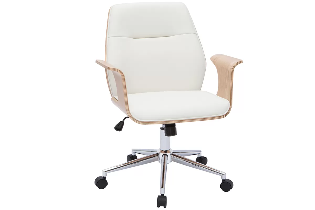 Miliboo Silla De Oficina-Silla de oficina moderna blanco y madera clara RUFIN
