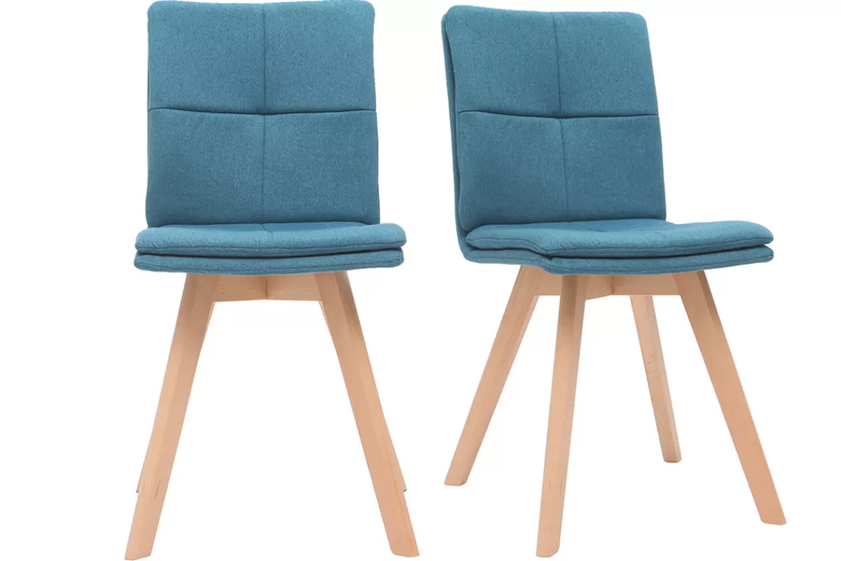 Miliboo Sillas Modernas-Silla escandinava tejido azul patas madera clara lote de 2 THEA