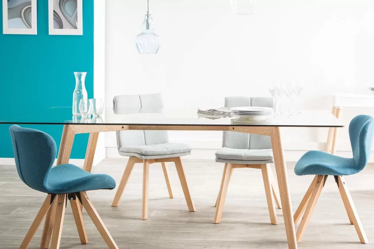 Miliboo Sillas Modernas-Silla escandinava tejido azul patas madera clara lote de 2 THEA