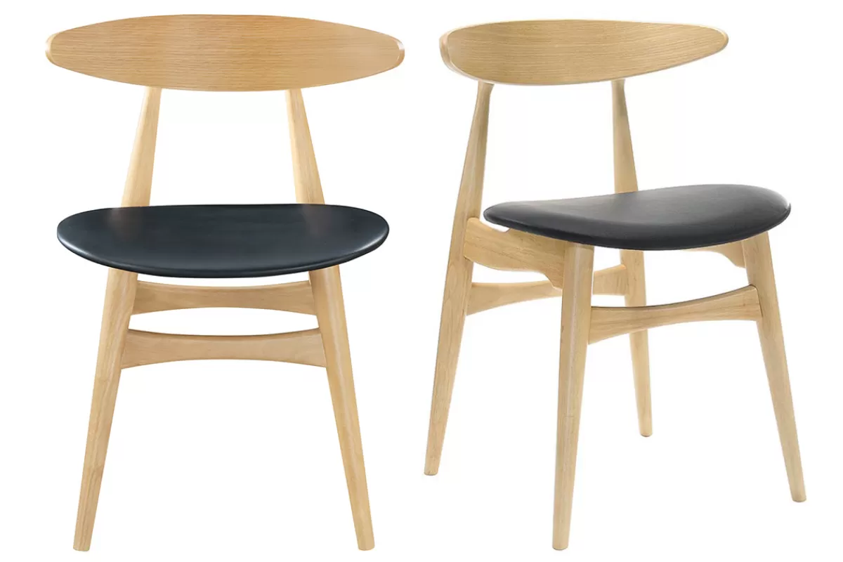 Miliboo Sillas Modernas | Sillas De Madera-Silla madera clara y PU negro escandinavo japonés (lote de 2) WALFORD