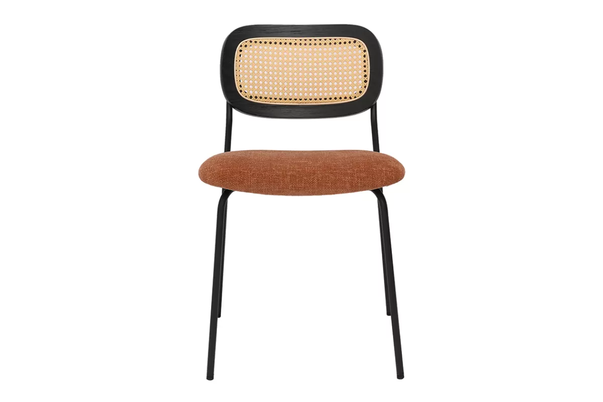 Miliboo Sillas Modernas-Sillas de diseño de tela de terciopelo texturizado color tierra quemada, metal negro y caña de ratán (juego de 2) MIRANDA