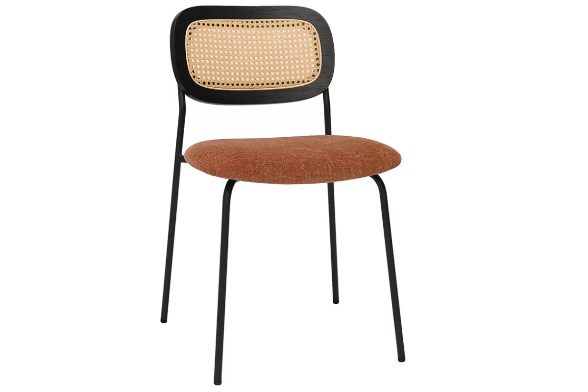 Miliboo Sillas Modernas-Sillas de diseño de tela de terciopelo texturizado color tierra quemada, metal negro y caña de ratán (juego de 2) MIRANDA